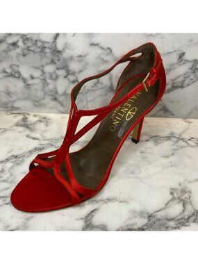 VALENTINO Garavani Vintage Red Satin T-Strap Open Toe Pumps - IT 38, US 8